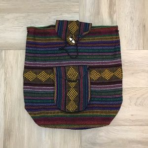 Mexican poncho style backpack.